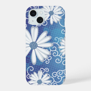 Coque iPhone 15 Points Bleus de la Marine Blanche Fleurs marguerit