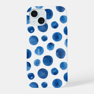 Coque iPhone 15 Points bleus. Motif marin bleu marine à l'aquarell