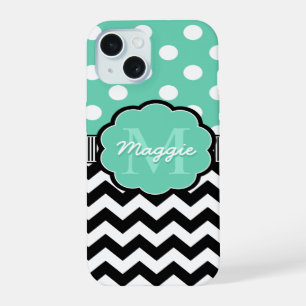 Coque iPhone 15 Points de Mint Noir Chevron Monogramme