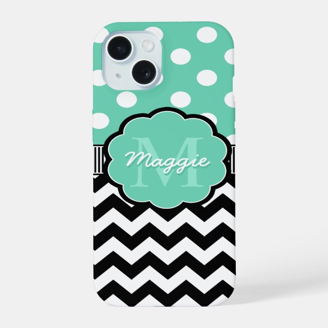 Coque iPhone 15 Points de Mint Noir Chevron Monogramme (Verso)