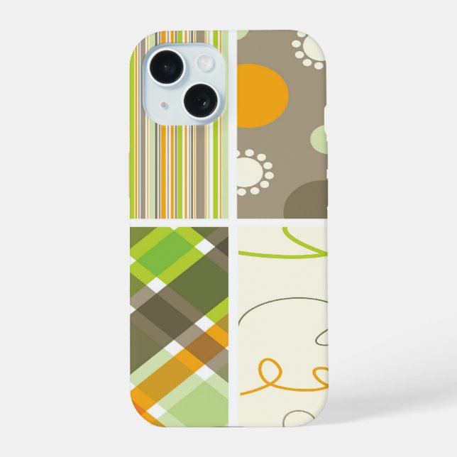 Coque iPhone 15 Points de Motif Plaid Rétro Orange Vert (Verso)