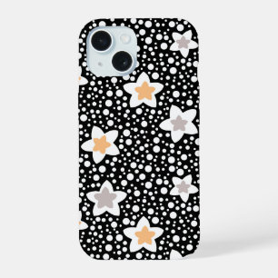 Coque iPhone 15 Points noirs et blancs rétro avec des étoiles