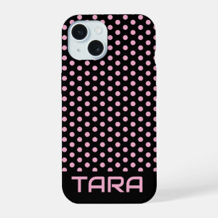 COQUE iPhone 15 POINTS NOIRS ET ROSES NOM PERSONNALISÉ SIMPLE ET É