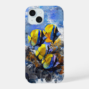 Coque iPhone 15 Poisson tropical sur un étui téléphonique bleu et