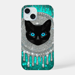 Coque iPhone 15 Portrait gothique émeraude Chat noir aux yeux bleu