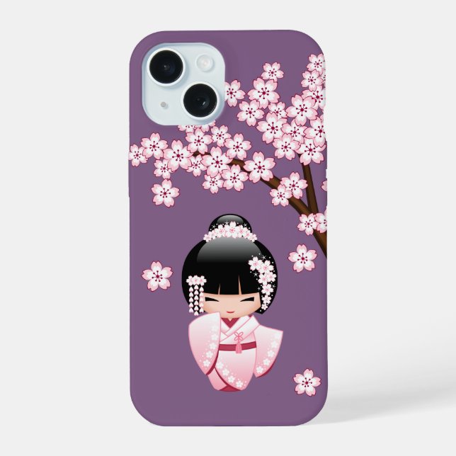 Coque iPhone 15 Poupée blanche Kimono Kokeshi mignonne Geisha fill (Verso)
