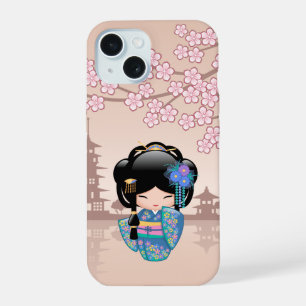 Coque iPhone 15 Poupée Kokeshi Keiko - Fille Geisha en Kimono Bleu