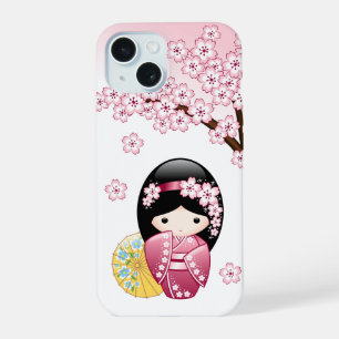 Coque iPhone 15 Poupée Kokeshi Printemps - Cute Geisha Japonaise