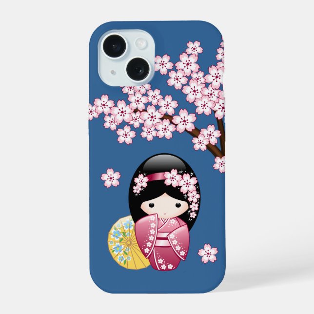 Coque iPhone 15 Poupée Kokeshi Printemps - Cute Geisha Japonaise s (Verso)