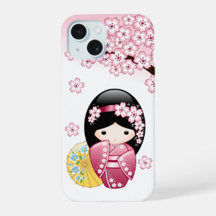 Coque iPhone 15 Poupée Kokeshi Printemps - Cute Japonaise Geisha G