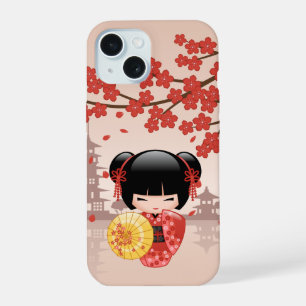 Coque iPhone 15 Poupée Kokeshi Sakura Rouge - Geisha Japonaise