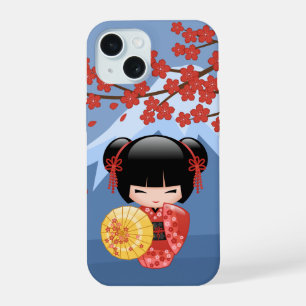 Coque iPhone 15 Poupée Kokeshi Sakura Rouge - Jolie Fille Geisha
