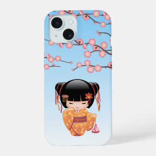 Coque iPhone 15 Poupée Kokeshi Ume - Fille Geisha Japonaise Bleue