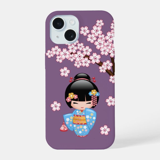 Coque iPhone 15 Poupée Maiko Kokeshi - Blue Kimono Geisha Girl (Verso)