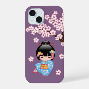 Coque iPhone 15 Poupée Maiko Kokeshi - Fille Geisha en Kimono Bleu