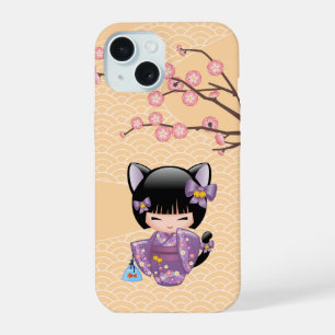 Coque iPhone 15 Poupée Neko Kokeshi - Fille Geisha aux Oreilles de