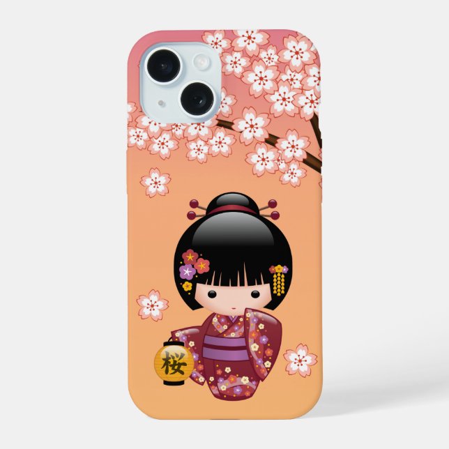Coque iPhone 15 Poupée Sakura Kokeshi - Geisha Girl on Peach (Verso)
