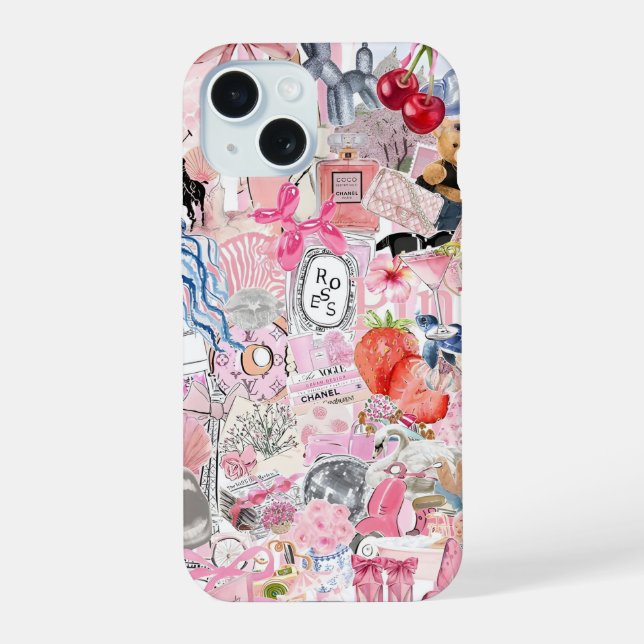 Coque iPhone 15 Preppy Collage, Tendance Collage d'été Dossier tél (Verso)
