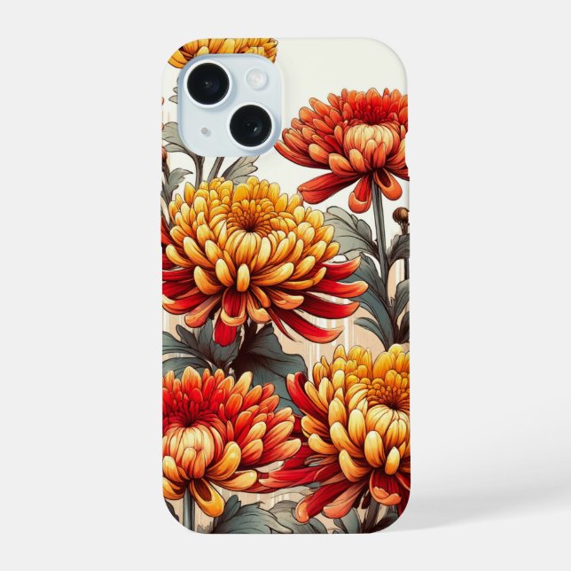 Coque iPhone 15 Présentation de fleurs de chrysanthème d'automne (Verso)