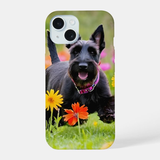 Coque iPhone 15 Prêter des Terriers écossais dans l'herbe et les f (Verso)