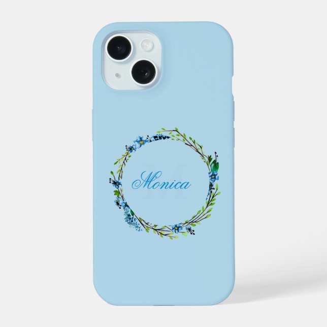Coque iPhone 15 Pretty Blue Floral Wreath with Monogram (Verso)
