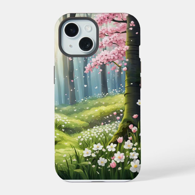 Coque iPhone 15 Printemps dans la forêt  (Verso)