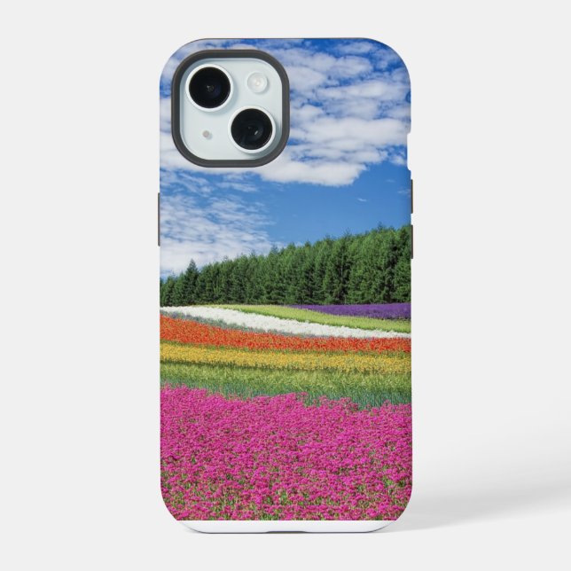 Coque iPhone 15 Rangées de fleurs de champ d'été (Verso)