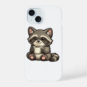 Coque iPhone 15 Raton laveur mignon avec café – Animal Kawaii Cozy