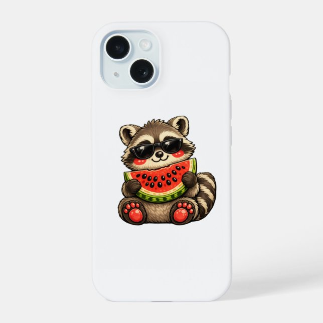 Coque iPhone 15 Raton laveur mignon avec pastèque (Verso)