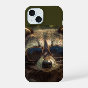 Coque iPhone 15 Raton laveur mignon et cool en lunettes humour ani
