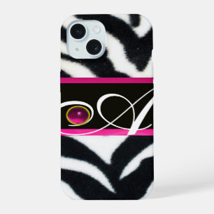 COQUE iPhone 15 RAYURE NOIR BLANC FOURRURE ZÈBRE FUCHSIA ROSE GEM