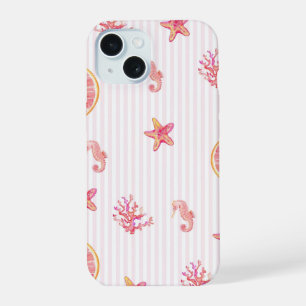 Coque iPhone 15 Rayure rose motif marin d'été