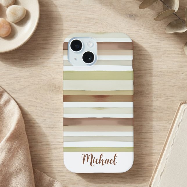 Coque iPhone 15 Rayures Aquarelle Avec Nom (Créateur téléchargé)