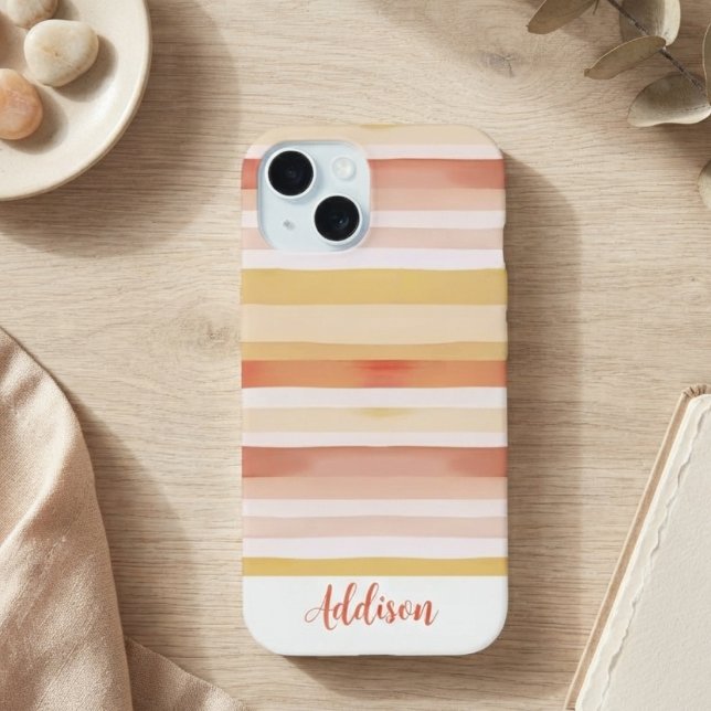 Coque iPhone 15 Rayures Aquarelle Avec Nom (Créateur téléchargé)