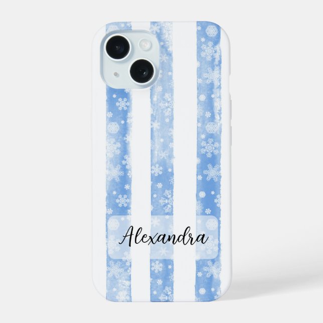 Coque iPhone 15 Rayures aquarelles bleues avec flocons de neige bl (Verso)