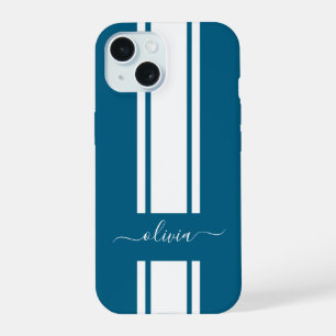 Coque iPhone 15 Rayures de course tendance moderne monogrammées 