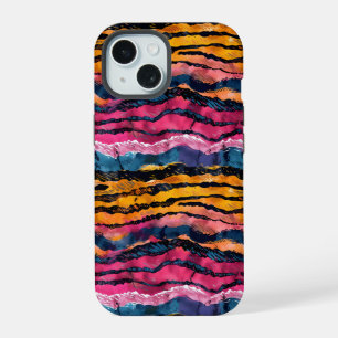Coque iPhone 15 Rayures de tigre arc-en-ciel à l'aquarelle