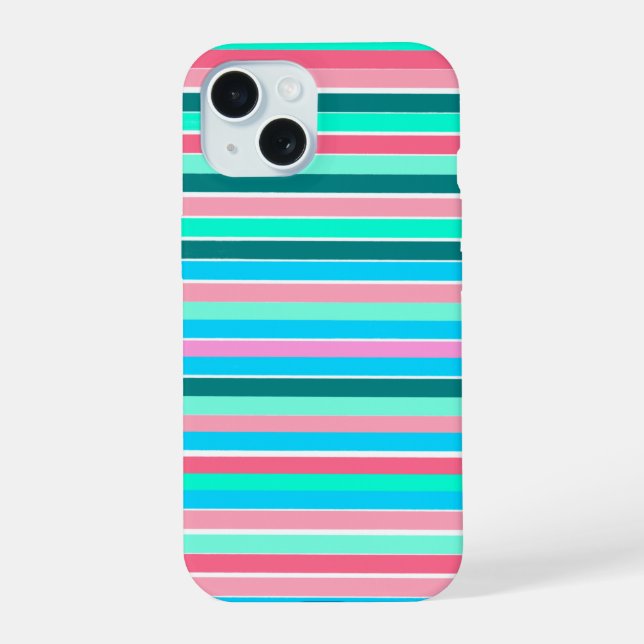 Coque iPhone 15 Rayures sarcelle et rose  (Verso)