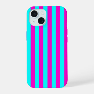Coque iPhone 15 Rayures Turquoise Vert Bleu Cyan Et Rose Chaud