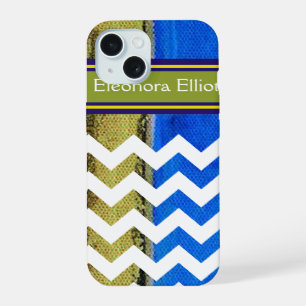 Coque iPhone 15 Rayures vert bleu et monogramme Chevron