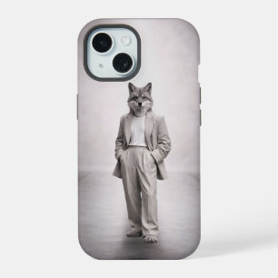 Coque iPhone 15 Renard Élégant en Costume Moderne Clair Portrait