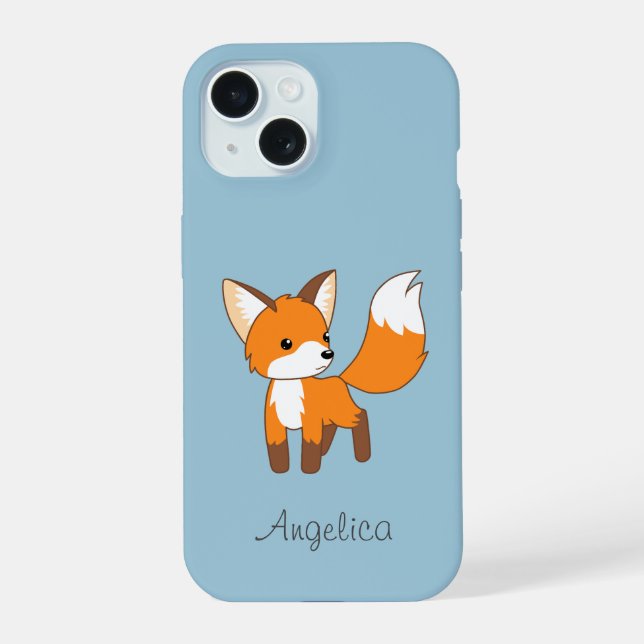 Coque iPhone 15 Renard mignon sur fond bleu (Verso)