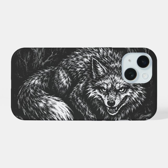 Coque iPhone 15 Renard rusé de la forêt — par BurnsInHell (Verso Horizontal)