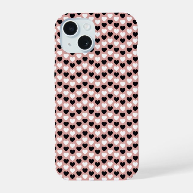Coque iPhone 15 Retro Hearts Pink Black & White (Verso)