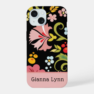 Coque iPhone 15 Rétro Rose Noir Floral Monogrammé