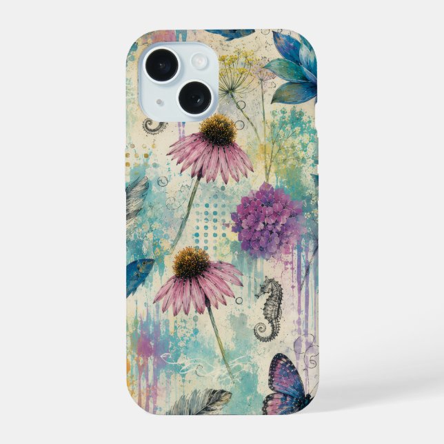 Coque iPhone 15 Rêve Aquatique Floral Vibrant (Verso)
