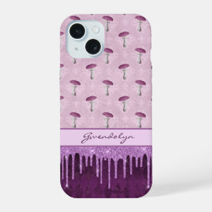 Coque iPhone 15 Rêve de champignon violet et monogramme à gouttes