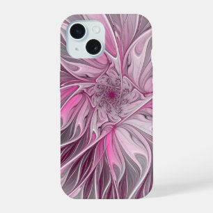 Coque iPhone 15 Rêve de fleur rose fractale, motif de fantaisie fl