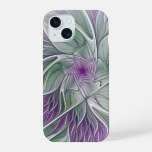 Coque iPhone 15 Rêve de fleurs, art fractal abstrait violet et ver