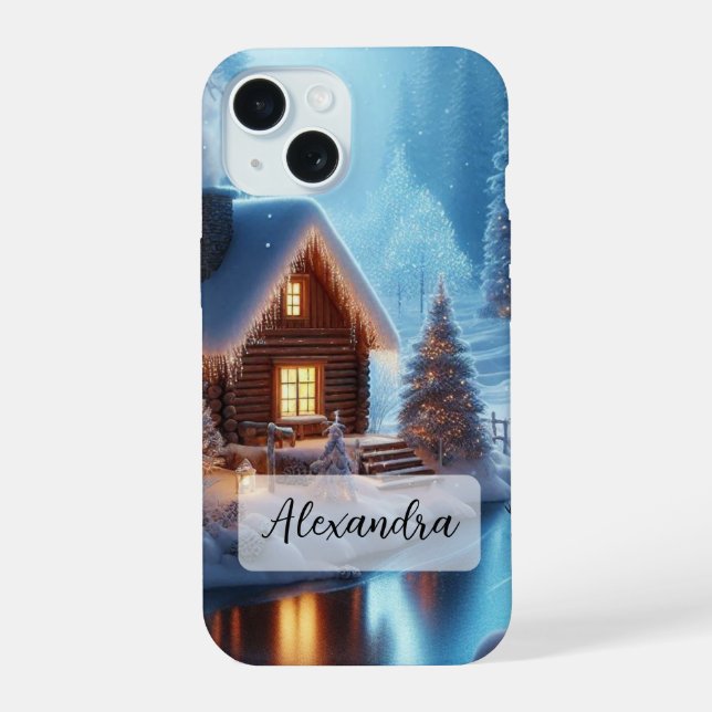 Coque iPhone 15 Rivière gelée Arbres de Noël Lanternes Cabine cosy (Verso)